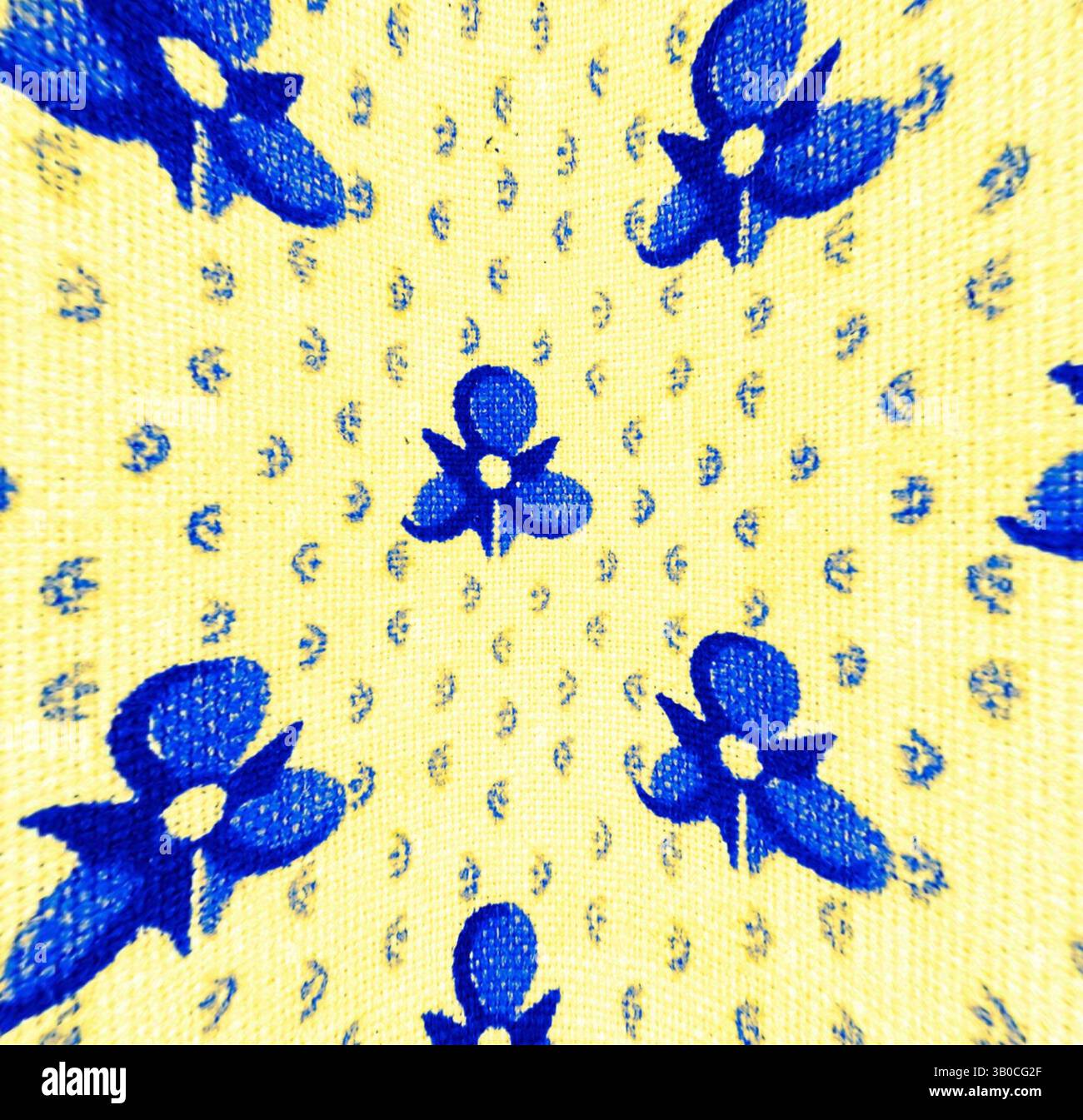 Un fond jaune éclatant orné d'un motif ludique de fleurs bleues, créant un effet visuel joyeux et vivant., Un motif circulaire avec de petites figures bleues ressemblant à des poupées, espacées uniformément sur un fond jaune doux orné de minuscules éléments décoratifs. Art classique avec une touche moderne réinventé par Artotop, tissus français transformés, première moitié du XIXe siècle, art classique avec une touche moderne réinventé par Artotop Banque D'Images