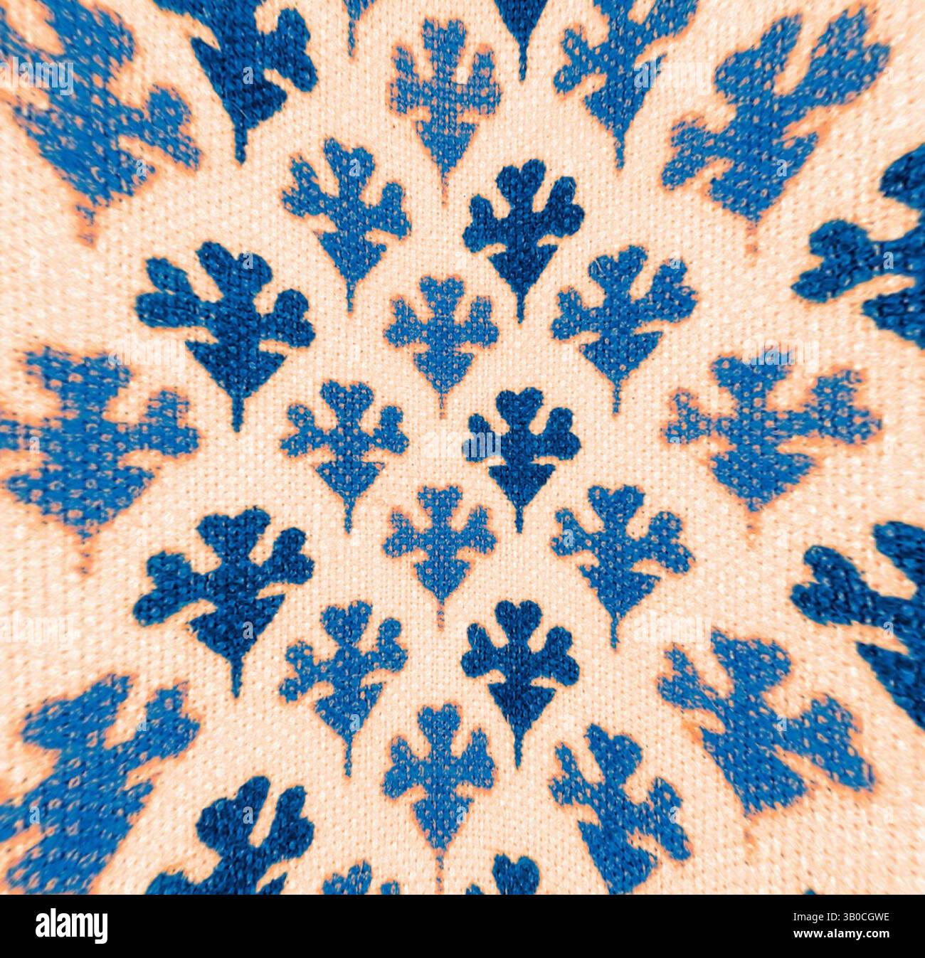 Un tissu texturé avec un motif complexe de motifs floraux bleus disposés dans un motif symétrique sur un fond doux et neutre., Un motif circulaire avec des motifs floraux complexes et bleu foncé sur un fond pêche doux, créant un design délicat et élégant. Art classique avec une touche moderne réinventé par Artotop, tissus français transformés, première moitié du XIXe siècle, art classique avec une touche moderne réinventé par Artotop Banque D'Images