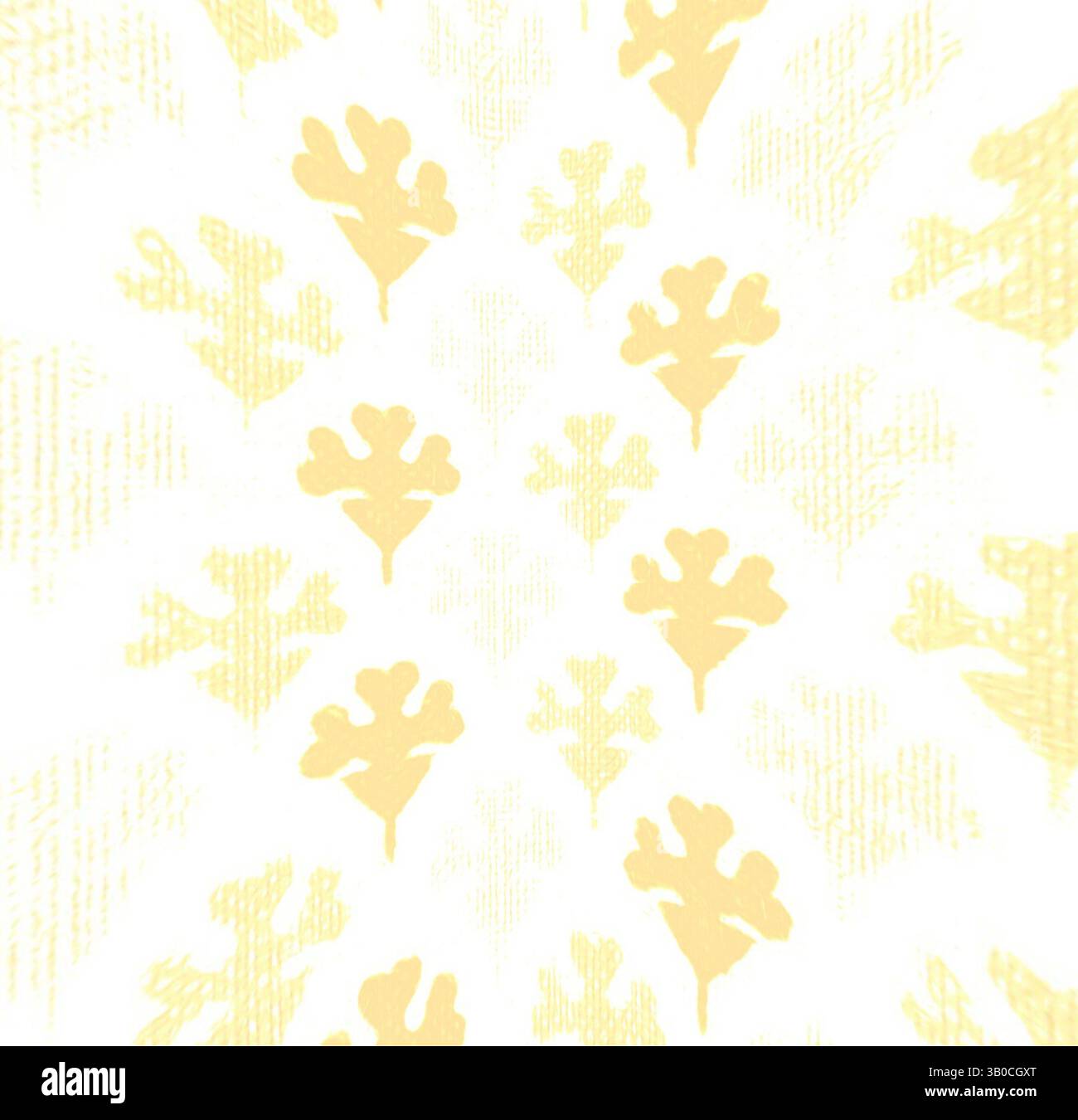 Un motif avec des formes stylisées de feuilles, disposées symétriquement et dans une teinte douce et discrète, créant une sensation de légèreté et de texture. Le design évoque un thème botanique, offrant une sensation tranquille et organique., Un motif circulaire avec des motifs floraux délicats et stylisés disposés dans un motif répétitif, créant une esthétique harmonieuse et élégante. Le ton général est léger et aéré, suggérant une atmosphère fraîche et accueillante. Art classique avec une touche moderne réinventé par Artotop, tissus français transformés, première moitié du XIXe siècle, art classique avec une touche moderne réinventé par Banque D'Images