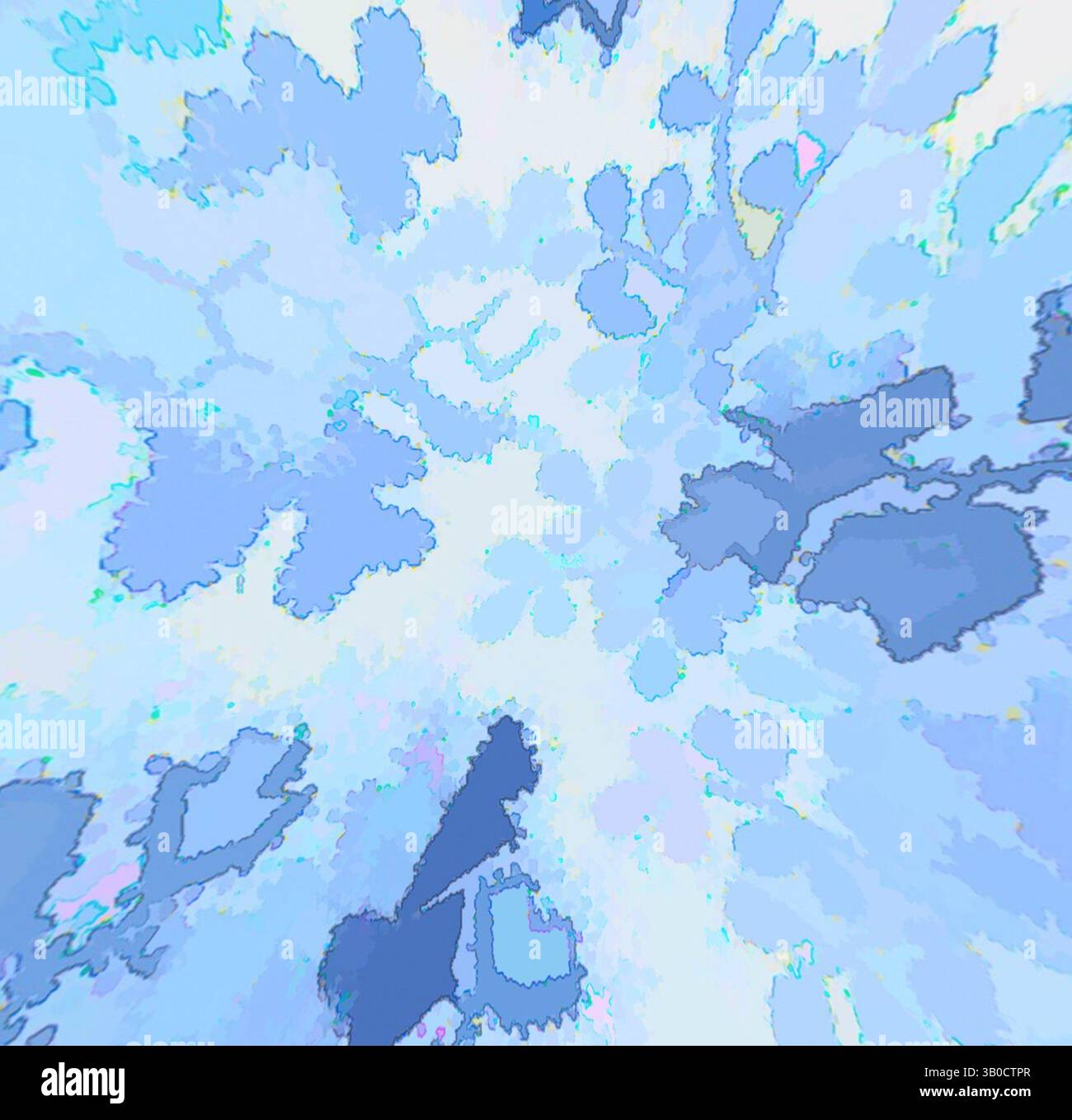 Une composition abstraite avec un mélange de teintes bleues douces et de formes organiques, évoquant un sentiment de tranquillité et de fluidité. Le design suggère un thème floral ou naturel, avec des motifs qui rayonnent vers l'extérieur, créant une atmosphère rêveuse et éthérée., Un design circulaire avec des motifs floraux délicats dans différentes nuances de bleu, créant une esthétique douce et tranquille. Art classique avec une touche moderne réinventé par Artotop, tissus français transformés, première moitié du XIXe siècle, art classique avec une touche moderne réinventé par Artotop Banque D'Images