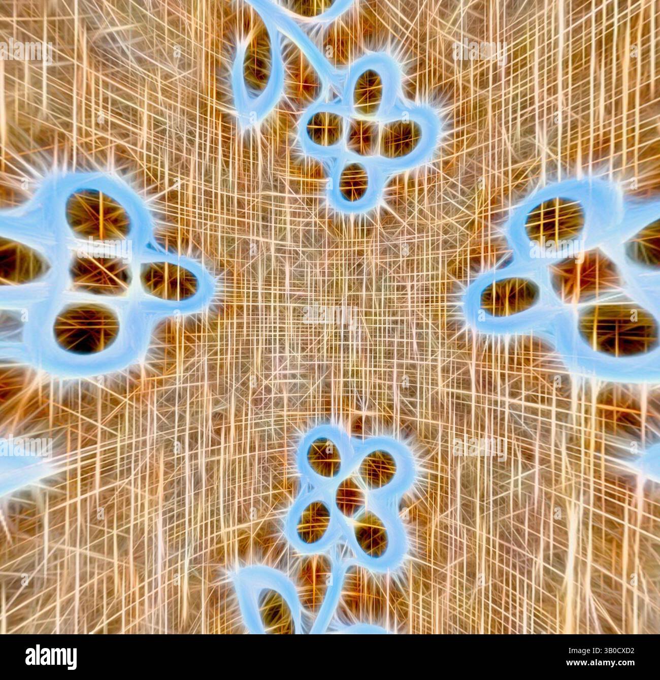 Un design abstrait vibrant avec des formes de fleurs stylisées entourées de lignes complexes et brillantes, créant un jeu visuel saisissant de motifs et de couleurs., Un design circulaire avec un fond texturé orné de motifs floraux délicats dans une teinte bleue douce. L'arrangement complexe des fleurs ajoute une touche d'élégance à la composition globale. Art classique avec une touche moderne réinventé par Artotop, tissus français transformés, première moitié du XIXe siècle, art classique avec une touche moderne réinventé par Artotop Banque D'Images