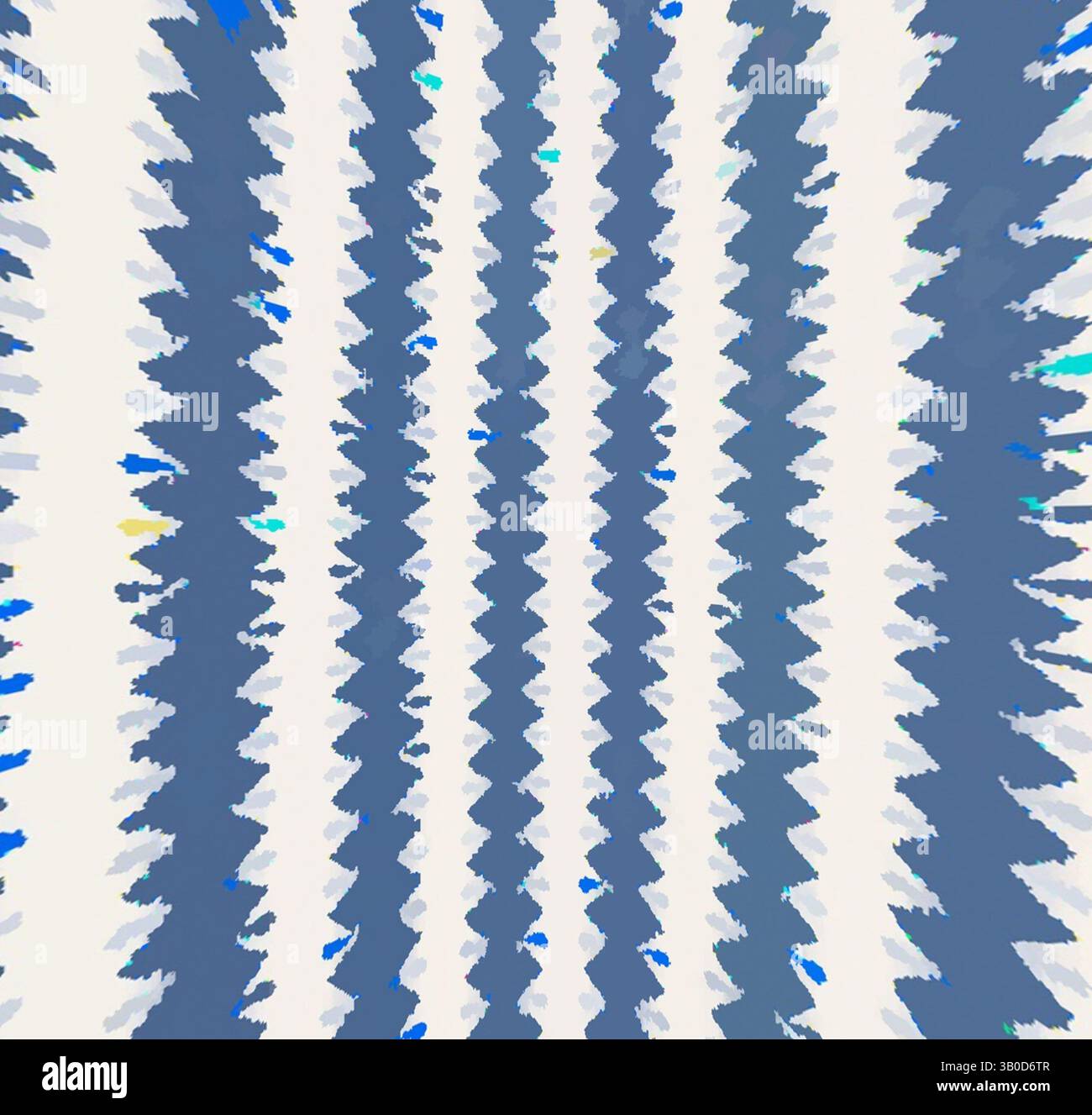Une série de rayures verticales en zigzag dans différentes nuances de bleu et de blanc créent un motif dynamique et abstrait, évoquant le mouvement et l'énergie. Des éclaboussures de jaune et de vert ajoutent une touche de dynamisme, améliorant le rythme visuel., Un design circulaire avec des bandes verticales alternées dans un motif en zigzag ludique, combinant des nuances de bleu avec une touche d'iridescence. Art classique avec une touche moderne réinventé par Artotop, tissus français transformés, première moitié du XIXe siècle, art classique avec une touche moderne réinventé par Artotop Banque D'Images