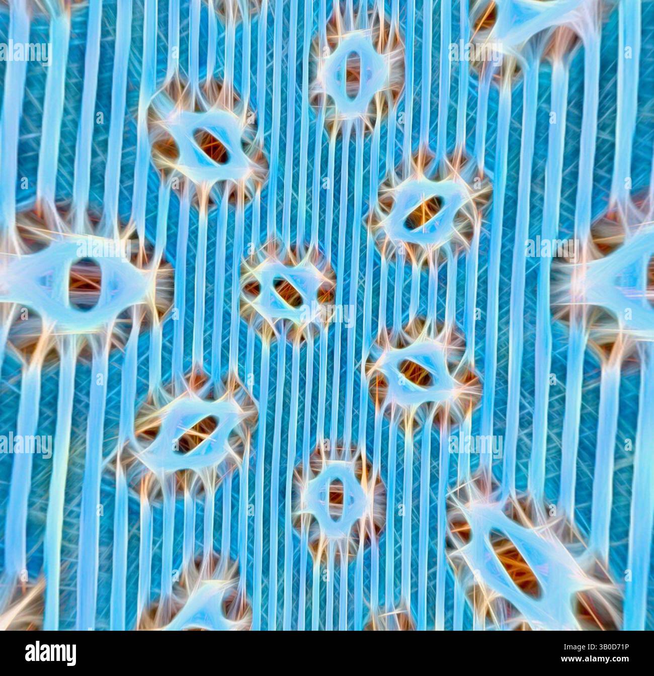 Un motif vibrant présente des formes répétitives ressemblant à des étoiles, intercalées sur un fond de lignes verticales, créant une sensation de mouvement dynamique et d'énergie. Les couleurs évoquent un thème aquatique serein, améliorant le design fantaisiste., Un motif circulaire avec des motifs complexes et répétés ressemblant à des fleurs sur un fond bleu doux, créant un design visuellement attrayant. Art classique avec une touche moderne réinventé par Artotop, tissus français transformés, première moitié du XIXe siècle, art classique avec une touche moderne réinventé par Artotop Banque D'Images