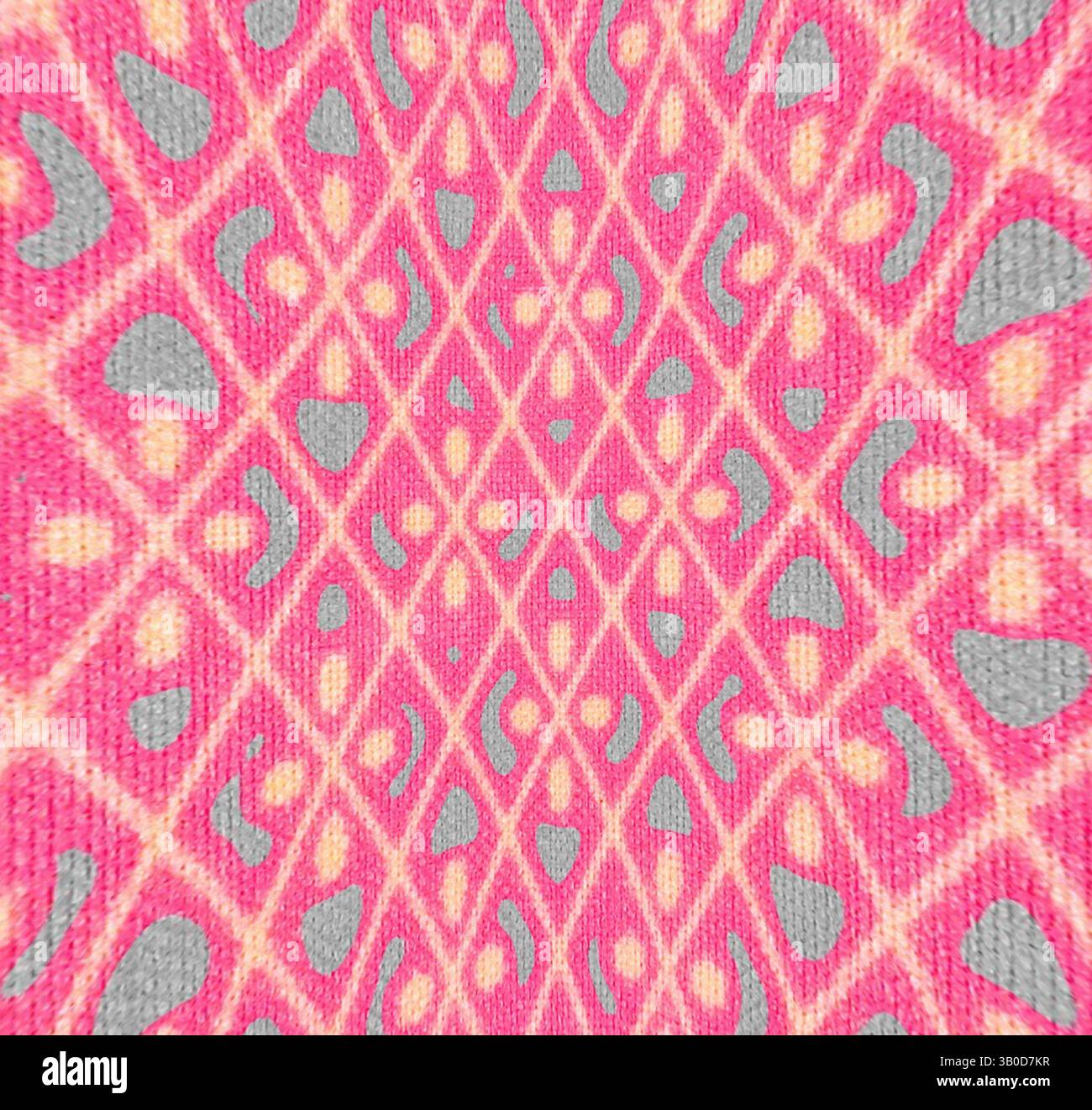 Un motif abstrait vibrant avec un design en forme de losange dans des tons rose, gris et jaune, créant un rythme visuel dynamique., Un motif circulaire vibrant avec une série de diamants imbriqués dans des tons de rose et de gris, créant un design géométrique frappant. Art classique avec une touche moderne réinventé par Artotop, tissus français transformés, première moitié du XIXe siècle, art classique avec une touche moderne réinventé par Artotop Banque D'Images