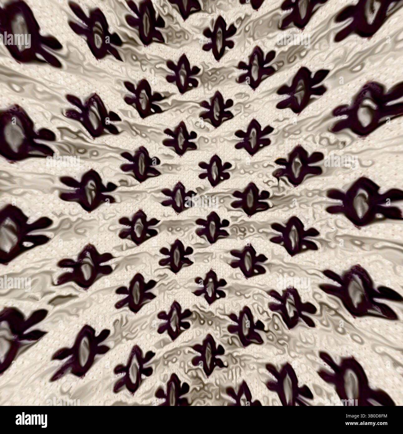 Un motif fascinant de formes de fleurs stylisées rayonne vers l'extérieur, créant une sensation de profondeur et de mouvement. L'arrangement évoque un flux visuel captivant et dynamique, Une surface circulaire ornée d'un motif floral répétitif, avec des motifs complexes qui créent une texture visuelle rythmique. Art classique avec une touche moderne réinventé par Artotop, tissus français transformés, première moitié du XIXe siècle, art classique avec une touche moderne réinventé par Artotop Banque D'Images