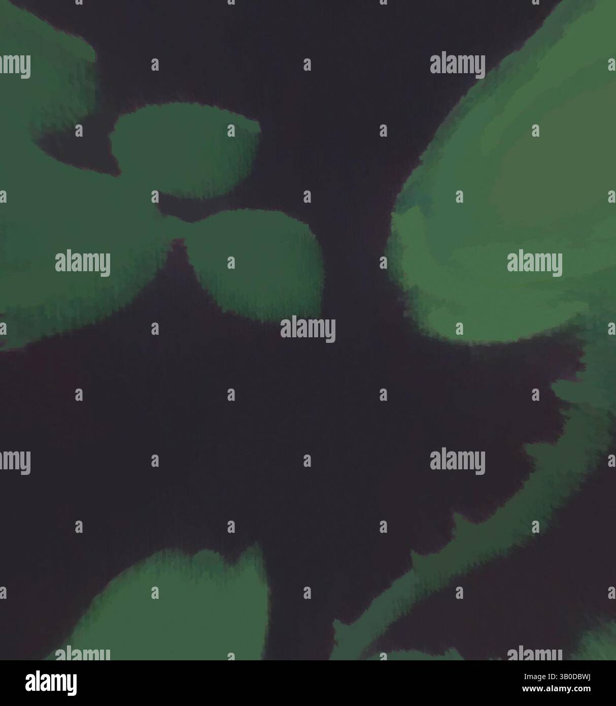 Une vue rapprochée de formes sombres et vertes abstraites, se mélangeant pour créer une sensation de mouvement et de profondeur. L'interaction des couleurs suggère un thème naturel, rappelant le feuillage ou les formes organiques., Un motif rond avec un fond sombre orné de motifs floraux verts luxuriants et de feuilles délicates. Art classique avec une touche moderne réinventé par Artotop, tissus français transformés, première moitié du XIXe siècle, art classique avec une touche moderne réinventé par Artotop Banque D'Images