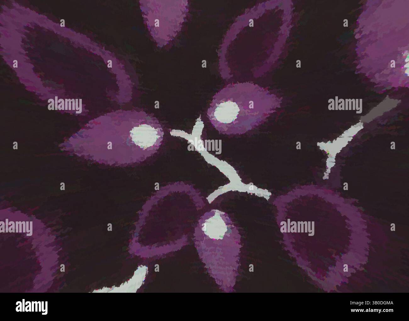 Les formes abstraites en violet profond et blanc créent un motif visuel saisissant, évoquant une sensation de profondeur et de mouvement. L'arrangement ressemble à des formes organiques entrelacées avec un fond sombre contrasté., Un motif circulaire avec des feuilles violettes avec des accents blancs sur un fond sombre, créant un design élégant et moderne. Art classique avec une touche moderne réinventé par Artotop, tissus français transformés, première moitié du XIXe siècle, art classique avec une touche moderne réinventé par Artotop Banque D'Images