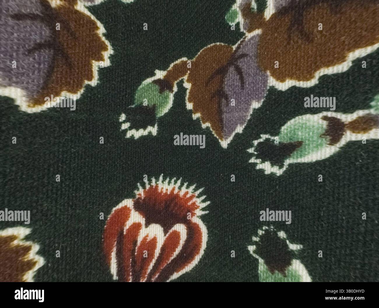 Vue rapprochée d'un tissu richement texturé avec un motif complexe de fleurs et de feuilles stylisées dans des tons de terre profonde sur un fond sombre. Le design présente un mélange de formes organiques, créant une sensation botanique luxuriante., Un motif circulaire avec un fond vert foncé orné de motifs floraux complexes, mettant en valeur des fleurs vibrantes et un feuillage riche en différentes couleurs. Art classique avec une touche moderne réinventé par Artotop, tissus français transformés, première moitié du XIXe siècle, art classique avec une touche moderne réinventé par Artotop Banque D'Images