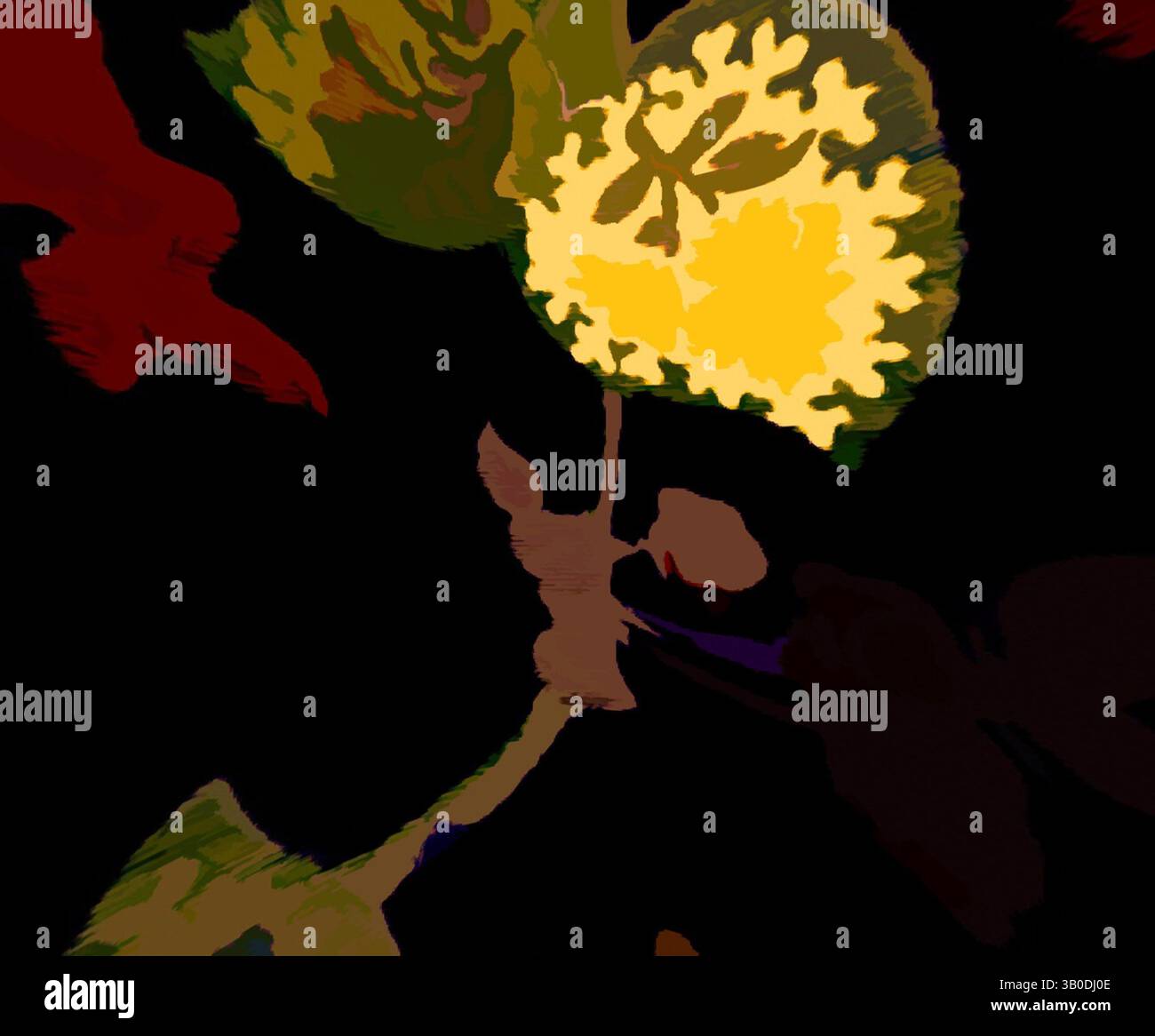 Une illustration vibrante avec une fleur jaune vif entourée de riches feuilles vertes et de formes contrastées sombres, créant un impact visuel saisissant., Un arrangement vibrant de feuilles et de fleurs stylisées, avec une riche palette de verts, jaunes et rouges sur un fond sombre, créant un motif floral saisissant. Art classique avec une touche moderne réinventé par Artotop, tissus français transformés, première moitié du XIXe siècle, art classique avec une touche moderne réinventé par Artotop Banque D'Images