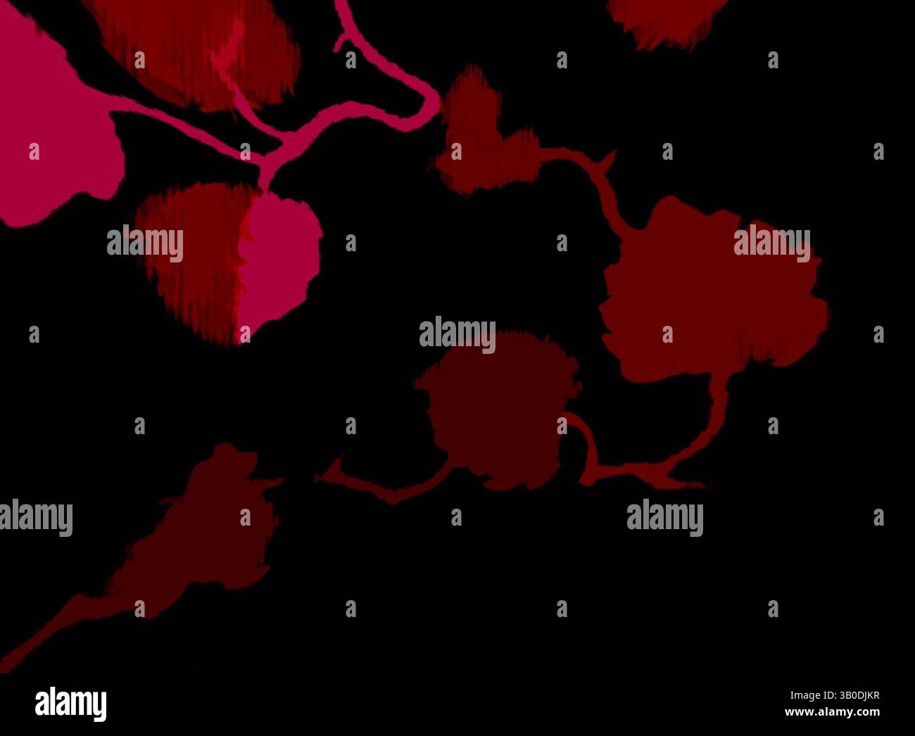 Une composition saisissante avec des formes florales abstraites audacieuses dans des tons rouges profonds et roses vibrants, entrelacées sur un fond sombre, créant une sensation de profondeur et d'intrigue., Un design circulaire avec de riches motifs de feuillage dans des tons de rouge et de rose sur un fond sombre, créant un contraste élégant et vibrant. Art classique avec une touche moderne réinventé par Artotop, tissus français transformés, première moitié du XIXe siècle, art classique avec une touche moderne réinventé par Artotop Banque D'Images