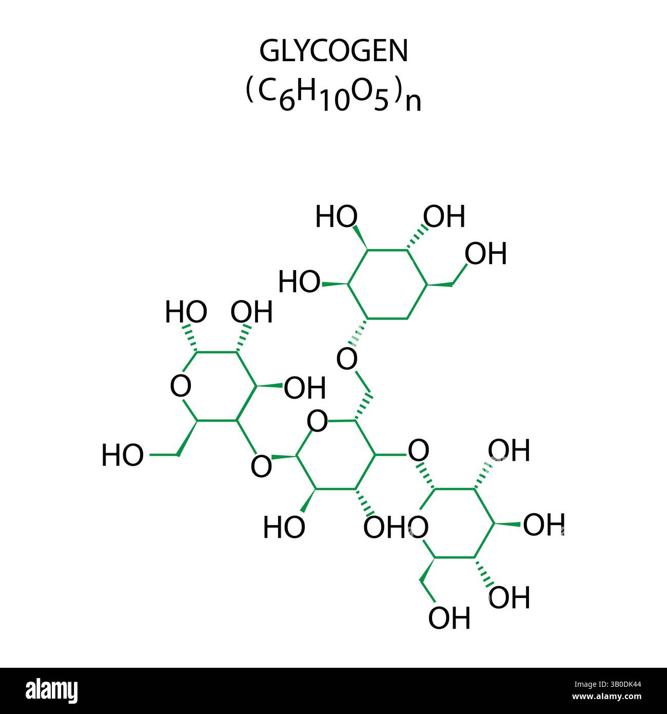Icône de molécule de glycogène. Formule chimique C6H10O5. Schéma structurel vectoriel. Compose de CHAINE de glucose. Illustration de Vecteur