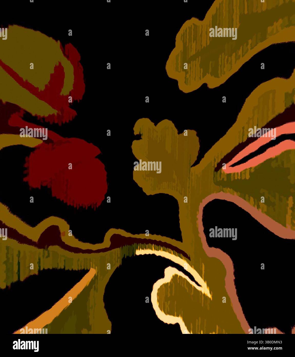 Une représentation stylisée de fleurs vibrantes entrelacées de feuilles, mettant en valeur des contours audacieux et un contraste saisissant de couleurs sur un fond sombre., Un design décoratif avec un feuillage riche et des éléments floraux subtils, placé sur un fond sombre, créant un contraste saisissant et une esthétique élégante. Art classique avec une touche moderne réinventé par Artotop, tissus français transformés, première moitié du XIXe siècle, art classique avec une touche moderne réinventé par Artotop Banque D'Images