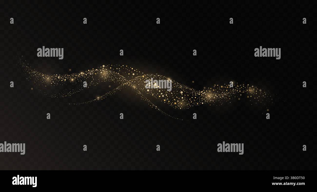 Traînée ondulée de poussière d'or avec des particules étincelantes. Illustration vectorielle réaliste du chemin de poudre d'or magique sur fond transparent foncé Illustration de Vecteur