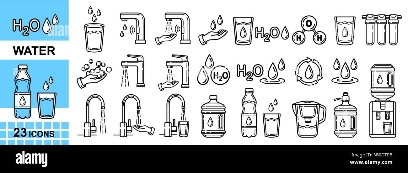 Eau H2O boisson, filtre à boire aqua, plomberie de robinet, refroidisseur, bouteille et verre, refroidissement de boissons. Filtration des liquides, icône de conduite de lavage des mains propres définie Illustration de Vecteur