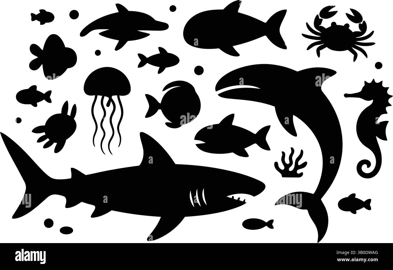Marine Life silhouettes Ocean Animals Vector Set Illustration de Vecteur
