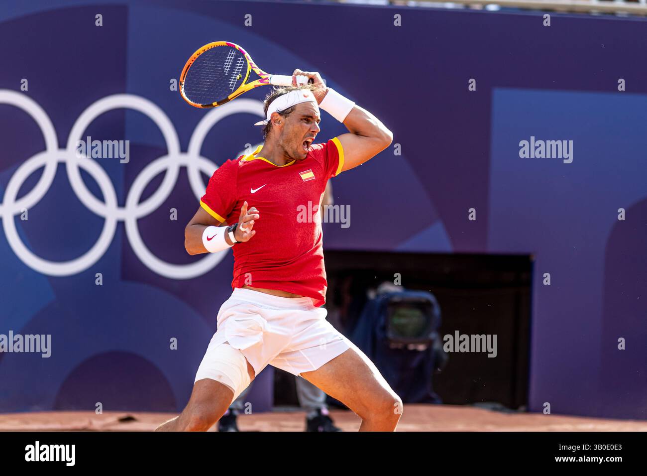 Rafael Nadal (El Matador) lors de sa dernière participation aux Jeux Olympiques de Paris 2024 sur le terrain 'Philippe Chatrier' à Roland Garros ( France ) Banque D'Images
