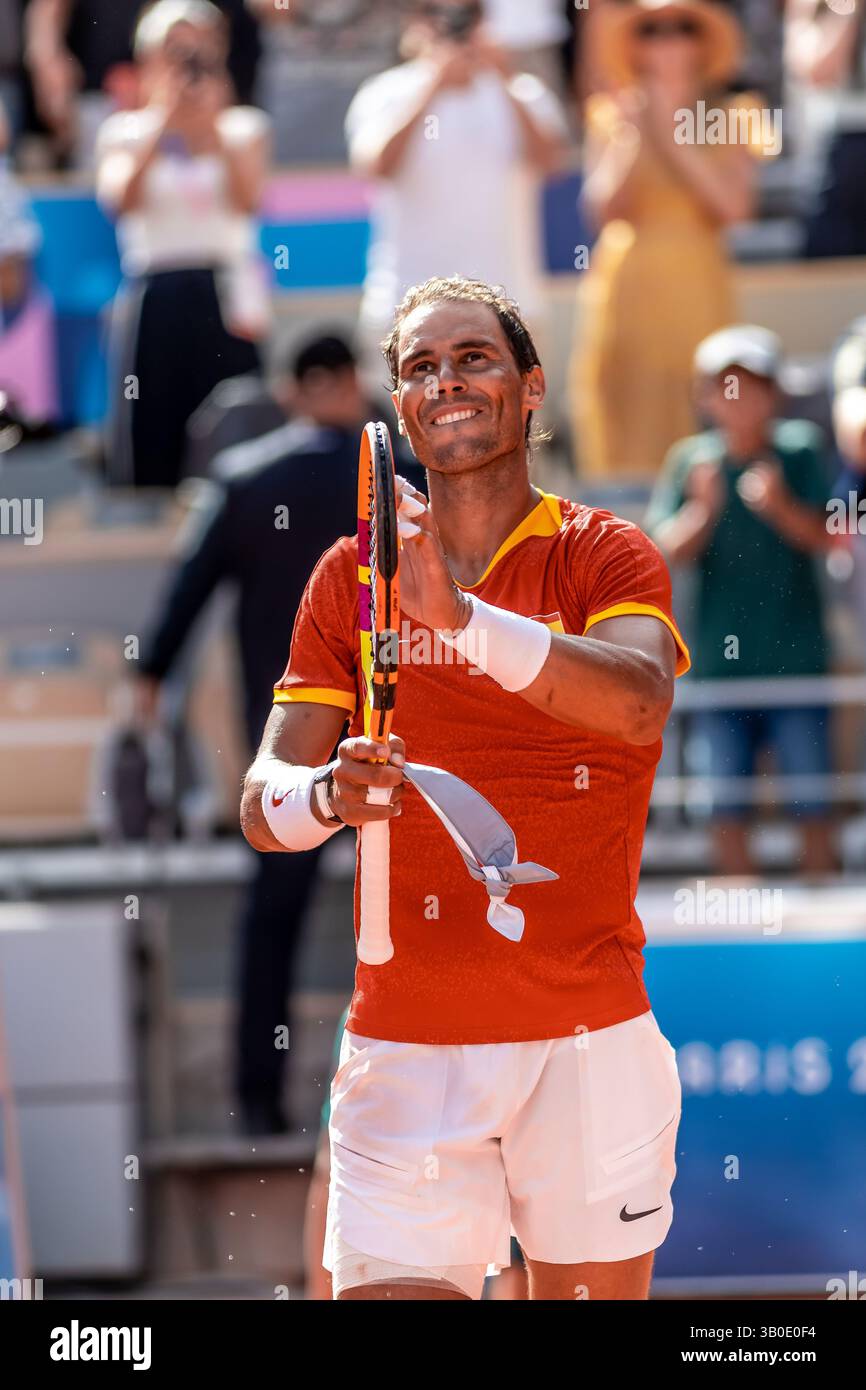 Rafael Nadal (El Matador) lors de sa dernière participation aux Jeux Olympiques de Paris 2024 sur le terrain 'Philippe Chatrier' à Roland Garros ( France ) Banque D'Images