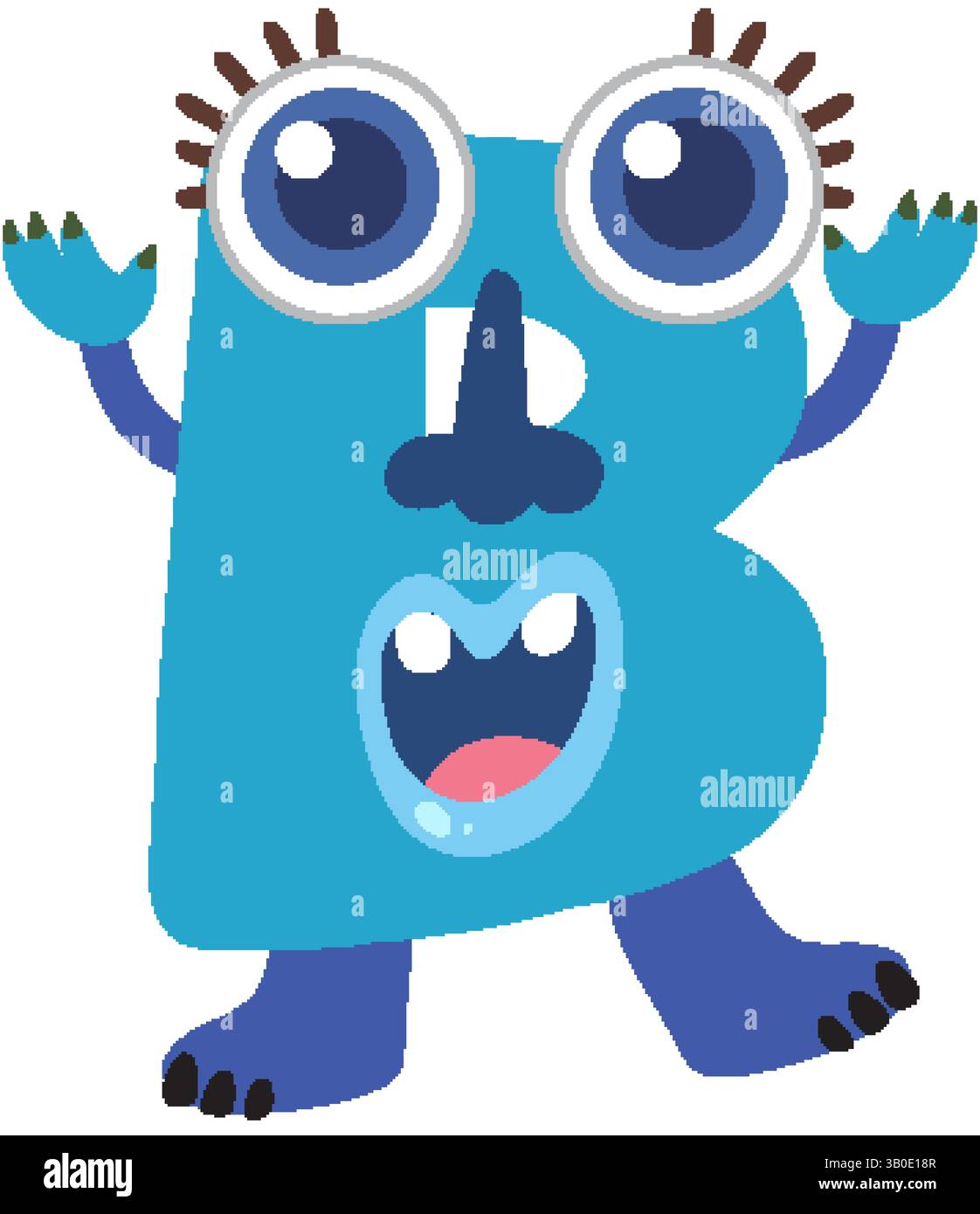 Monstre bleu fantaisiste en forme de lettre B avec de grands yeux et une expression ludique. Couleurs vives et style cartoon Illustration de Vecteur