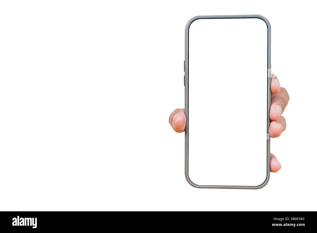 Gros plan de la main de l'homme tenant smartphone sur fond blanc, main recadrée à l'aide du smartphone sur le fond blanc - photo stock. Masque. Banque D'Images