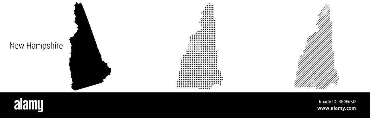 Carte de silhouette détaillée du New Hampshire, motif en pointillés et motif de lignes parallèles inclinées, carte stylisée texturée. illustration isolée sur blanc. Banque D'Images Carte de silhouette détaillée du New Hampshire, motif en pointillés et motif de lignes parallèles inclinées, carte stylisée texturée. illustration isolée sur blanc. Banque D'Images