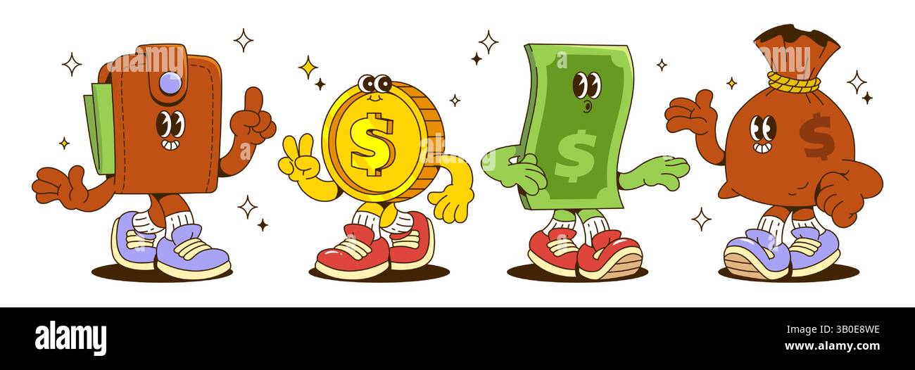 Jeu de caractères rétro argent - portefeuille de dessin animé et pièces de monnaie, billets de banque et mascottes de sac avec les mains, les jambes et les expressions faciales. Clipart financier de style vintage original pour l'éducation économique ou blog bancaire. Illustration de Vecteur