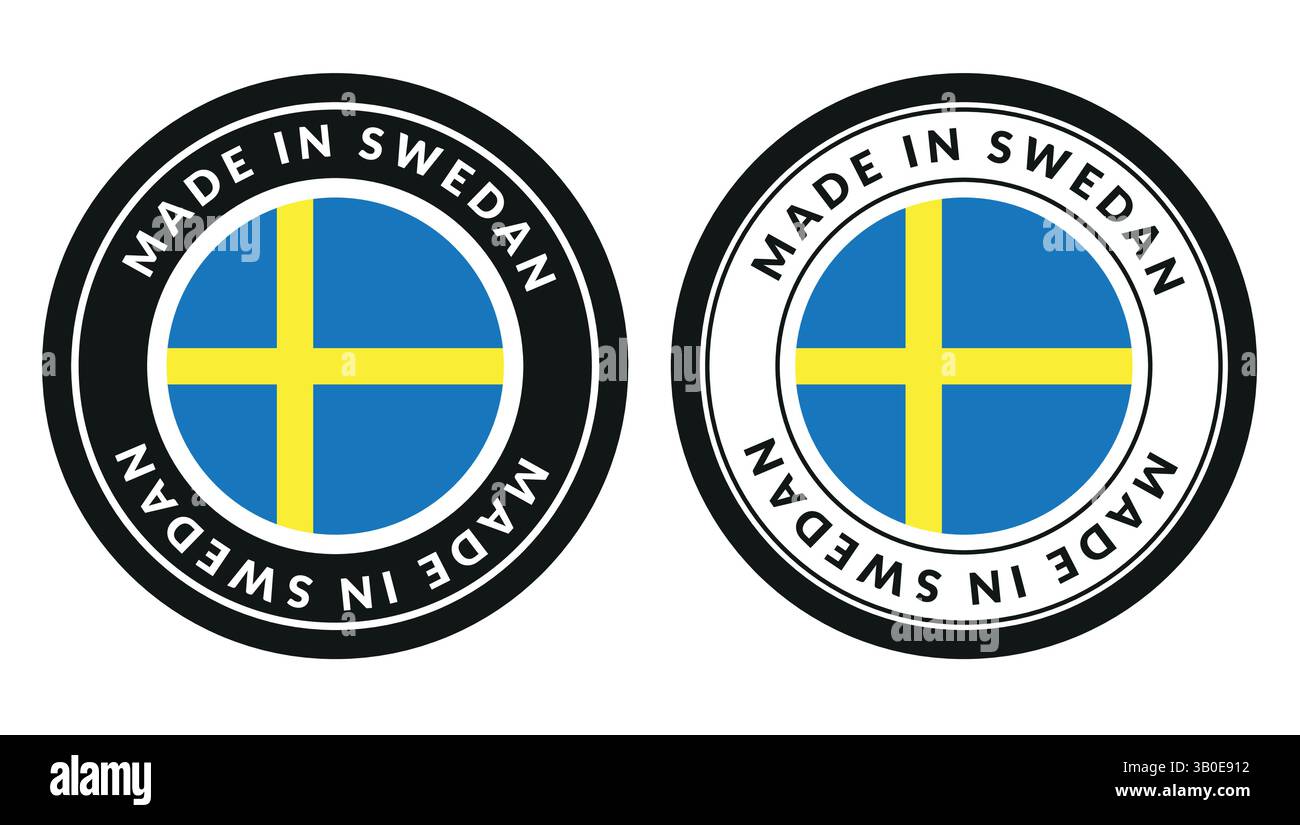 deux badges ronds avec motif de drapeau suédois et texte made in sweden autour, montrant l'étiquette d'origine du produit, la certification ou le pays de fabrication Illustration de Vecteur