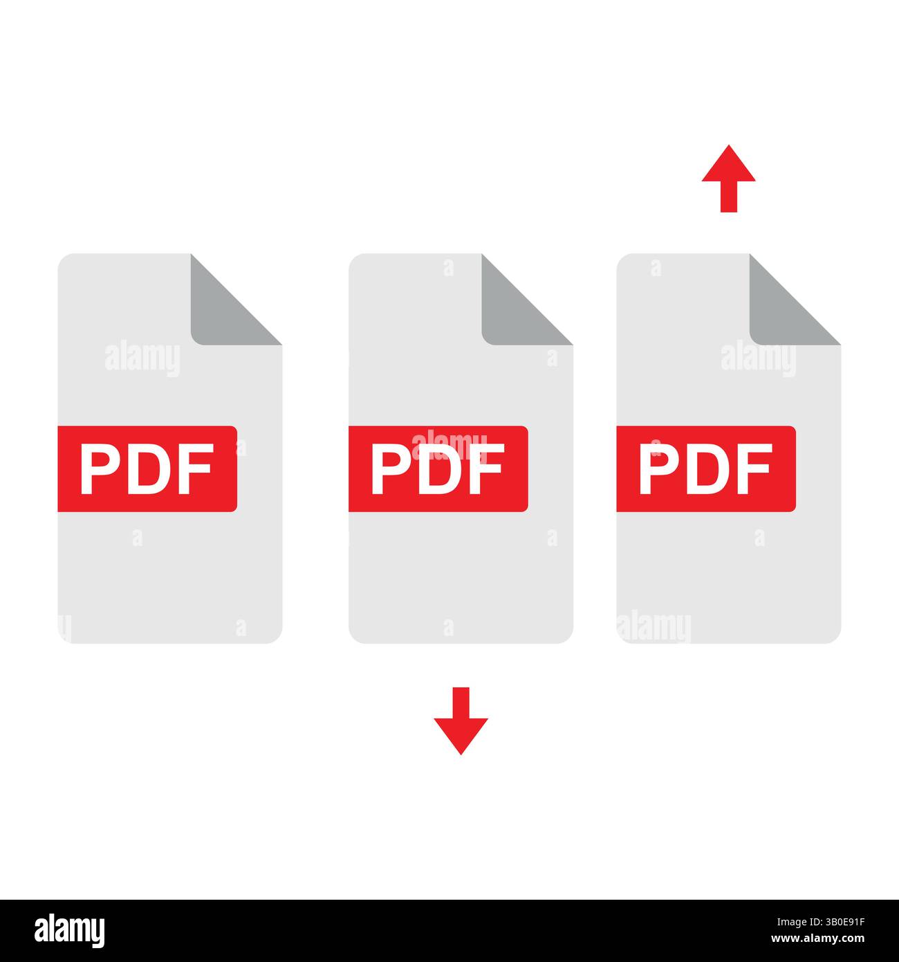 trois icônes de document pdf avec des flèches rouges pointant vers le haut et vers le bas, montrant le concept de transfert de fichier de téléchargement dans un style de conception simple plat Illustration de Vecteur