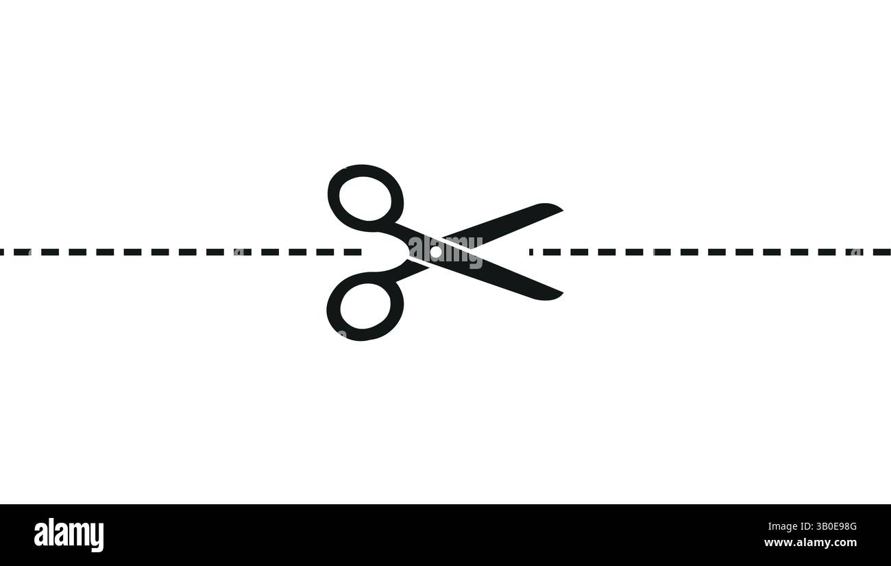 icône de ciseaux noir coupant à travers une ligne horizontale pointillée sur fond blanc, style vectoriel simple utile pour les concepts de coupon, de coupe ou de découpe Illustration de Vecteur
