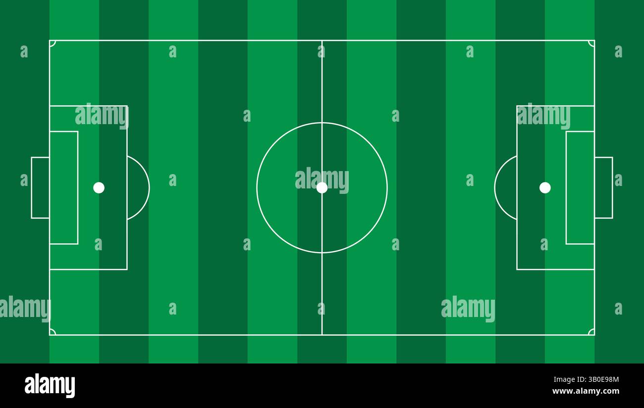Une vue vectorielle descendante d'un terrain de football avec des zones de but clairement marquées, un cercle central et des lignes de champ sur fond d'herbe rayé vert Illustration de Vecteur