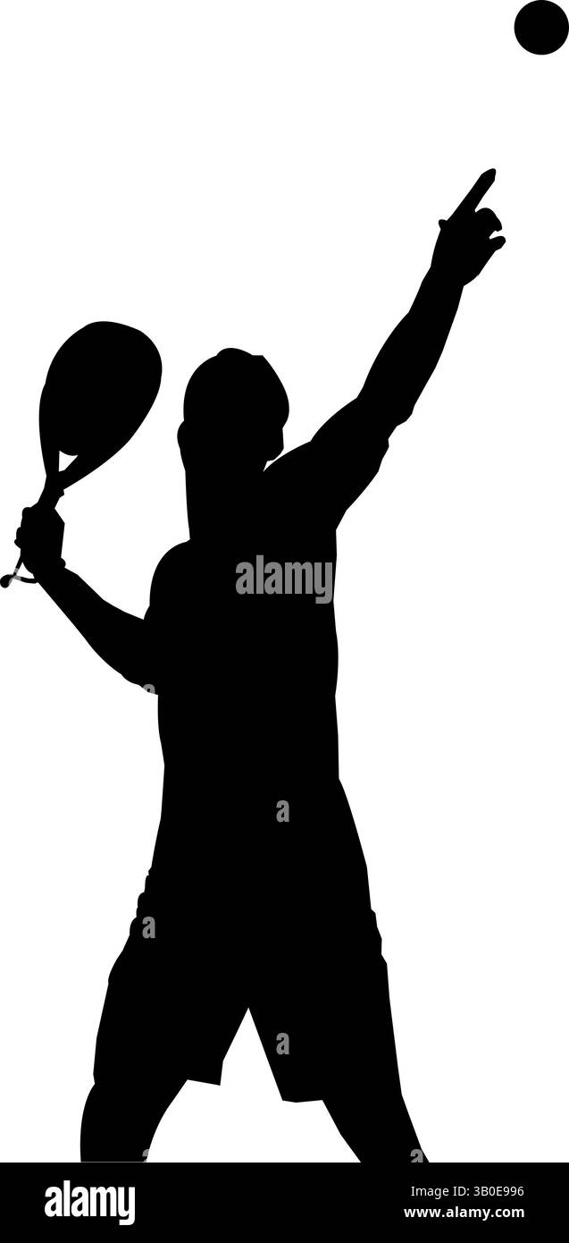 Silhouette noire d'un joueur de tennis qui se prépare à servir avec une raquette dans une main et l'autre pointant vers le haut vers le ballon Illustration de Vecteur