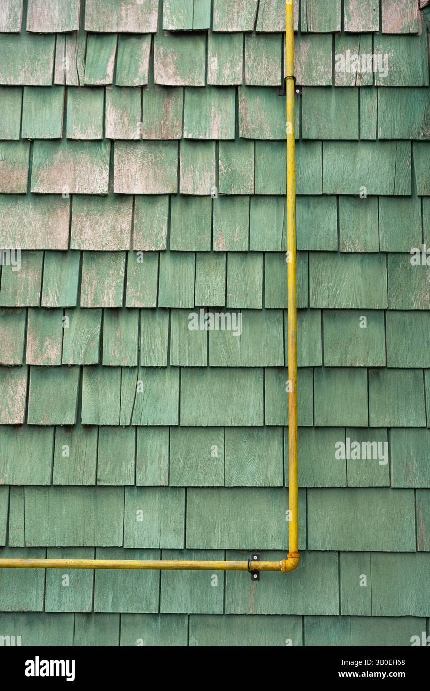 tuyau d'évacuation rouillé jaune fixé ou fixé à l'extérieur extérieur du mur de bardeaux ou de shake peint en vert décoloration et écaillage rustique texturé Banque D'Images