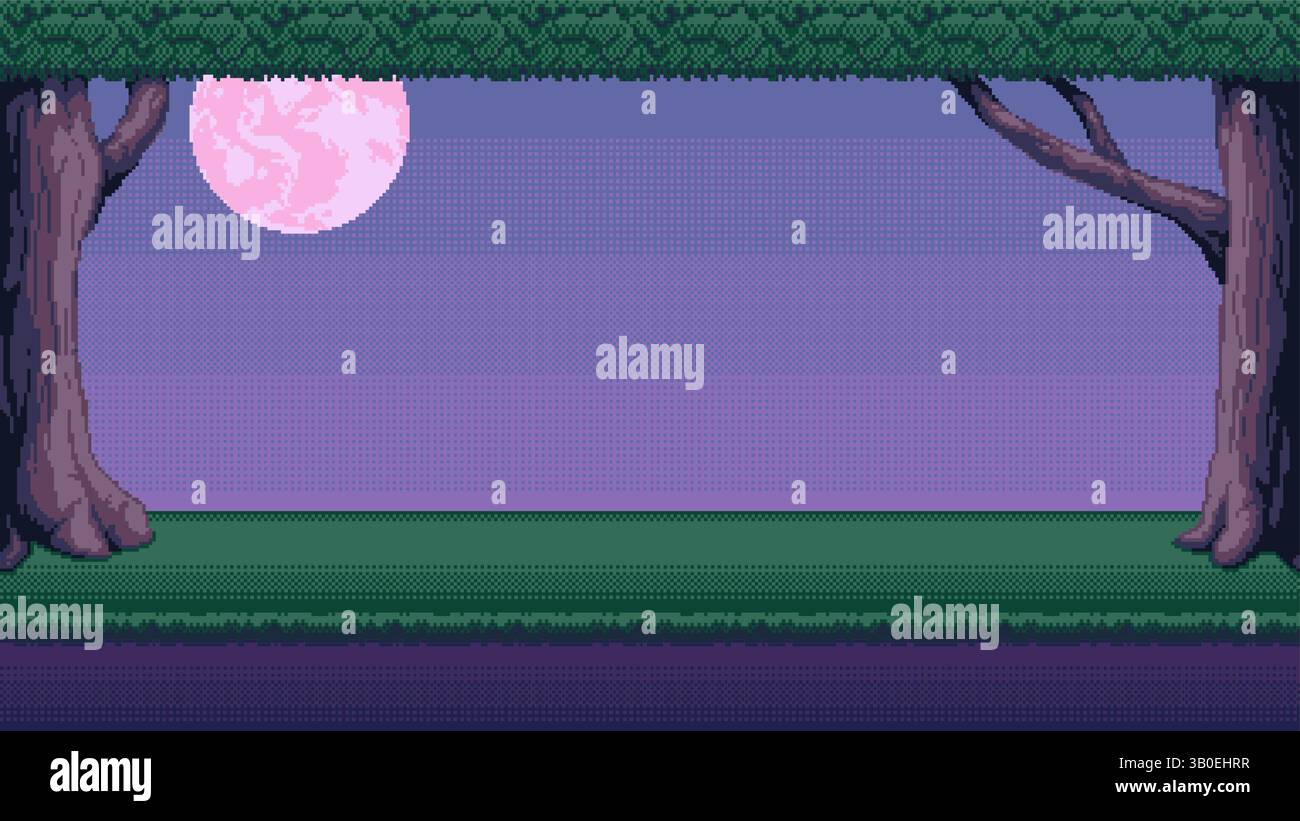 Arbres à la nuit pixel art fond. Forêt avec lune 2d toile de fond pour jeu vidéo rétro 8 bits ou application mobile. Sans couture lors de l'ancrage horizontal Illustration de Vecteur