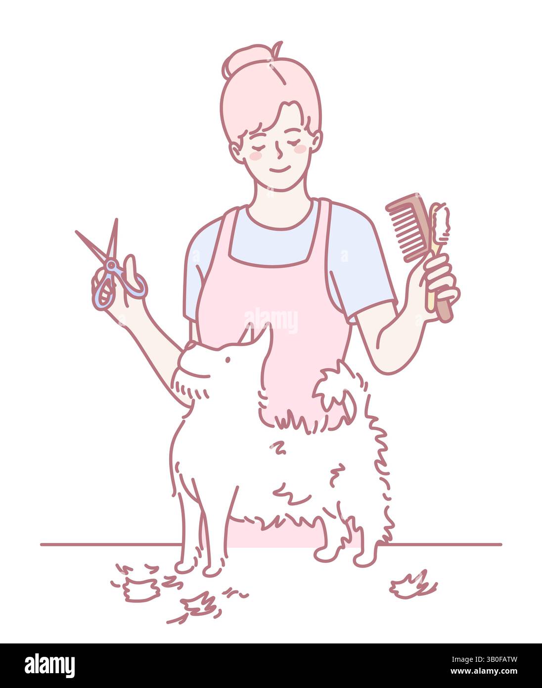 Un toiletteur de chien qualifié et professionnel s'occupe soigneusement d'un chien moelleux à l'aide de ciseaux et d'un peigne pour le toilettage Illustration de Vecteur