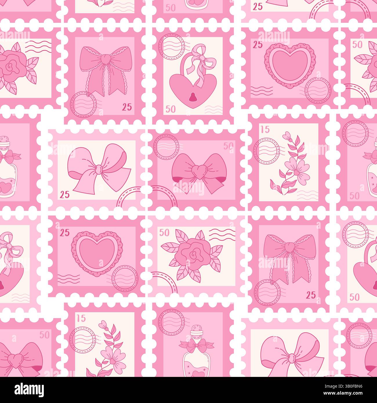 Motif sans couture Coquette rose. Timbre postal romantique avec arc en ruban, Rose et coeur vintage, cadenas, parfum bouteille magique. Girly Vibe. Vecteur aest Illustration de Vecteur