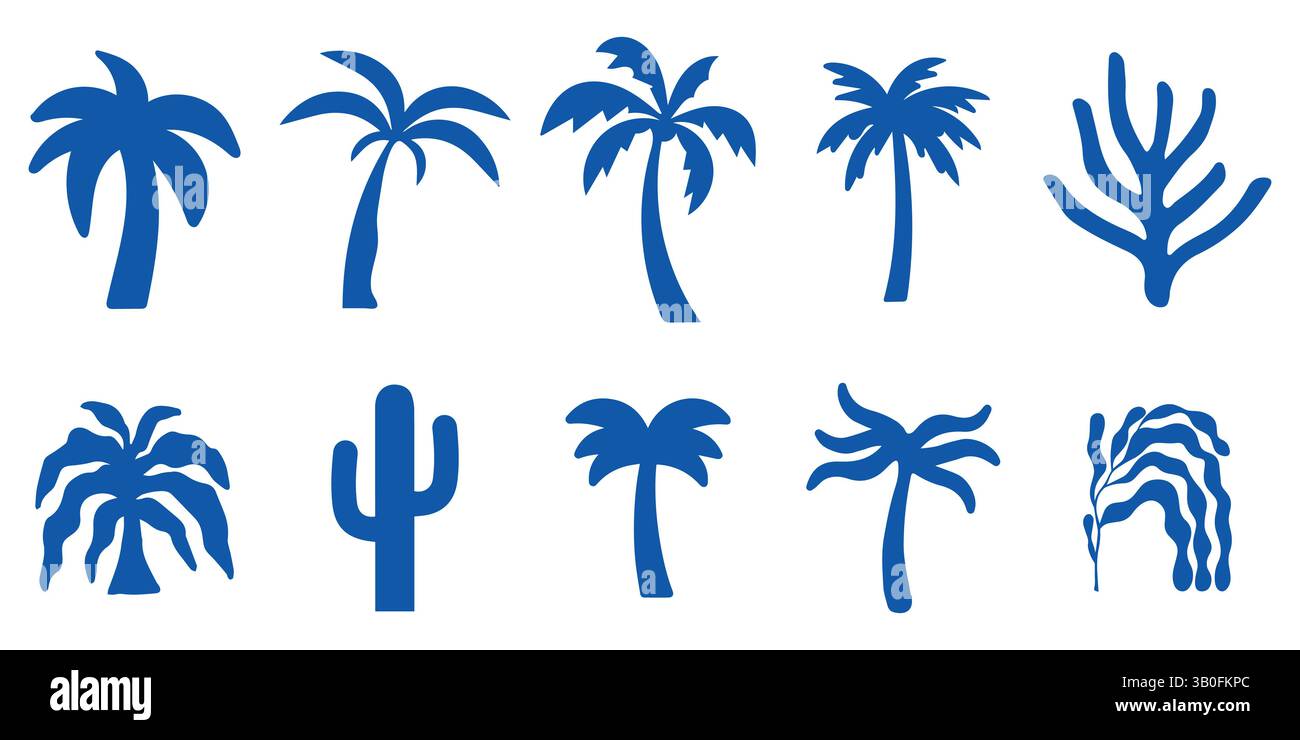 Blue Tropical Palm Tree et silhouettes de cactus – ensemble minimal de vecteurs botaniques Illustration de Vecteur