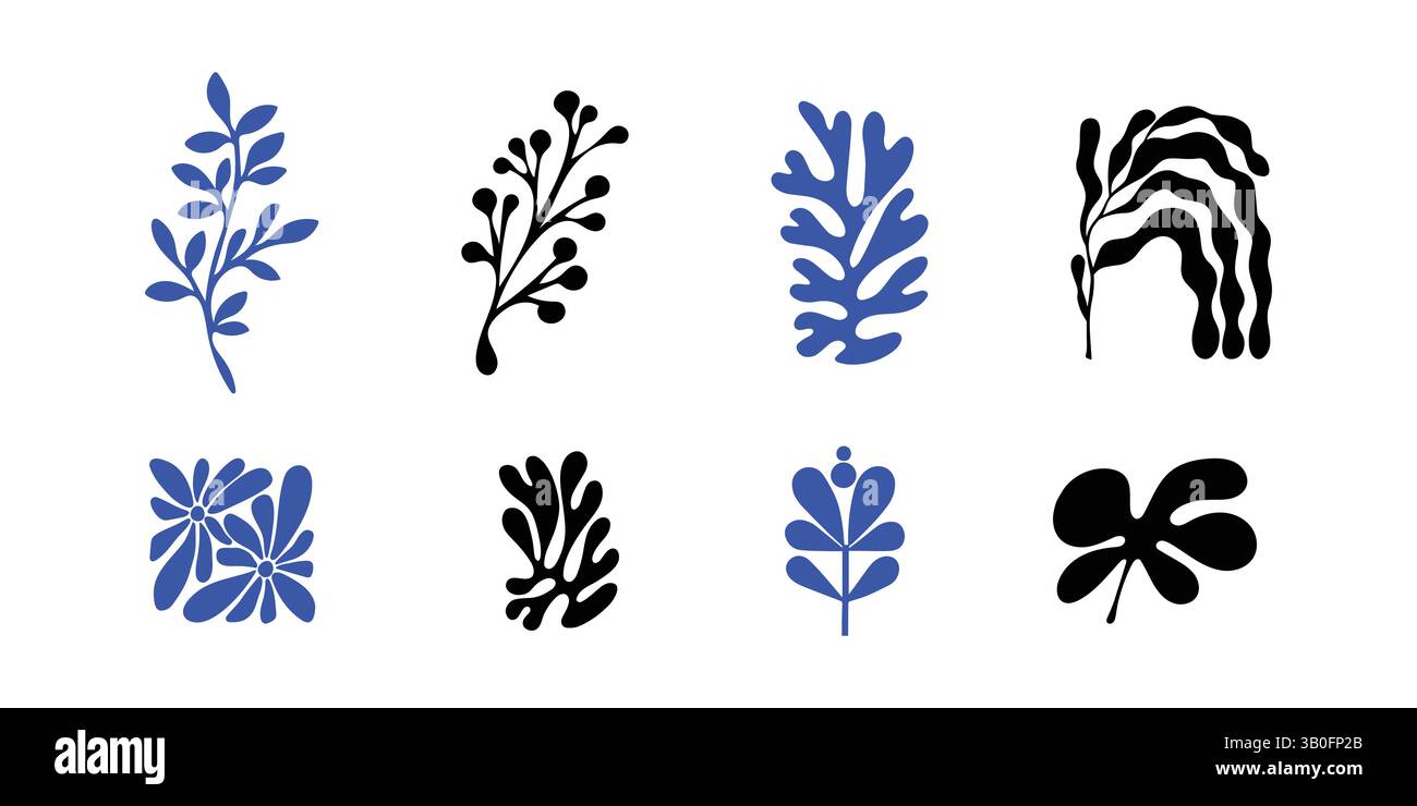 Feuille abstraite botanique moderne | ensemble silhouette florale – vecteur bleu et noir Illustration de Vecteur