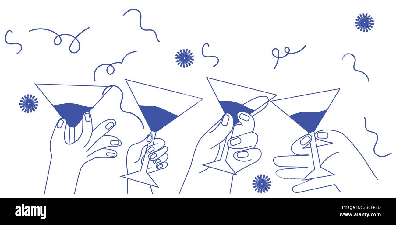 Simple minimal Linear style Cartoon Hands tenant des verres à vin illustration vectorielle - Celebration and Party invitation Design Illustration de Vecteur