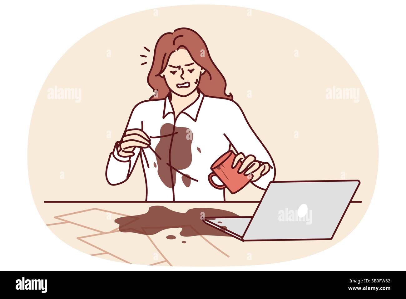 Une femme a renversé du café sur une chemise, travaillant au bureau et assise à table avec des ordinateurs portables et des documents. Une fillette maladroite a renversé une boisson chaude sur la table en raison de son manque d'attention ou de fatigue après un long travail Illustration de Vecteur Une femme a renversé du café sur une chemise, travaillant au bureau et assise à table avec des ordinateurs portables et des documents. Une fillette maladroite a renversé une boisson chaude sur la table en raison de son manque d'attention ou de fatigue après un long travail Illustration de Vecteur