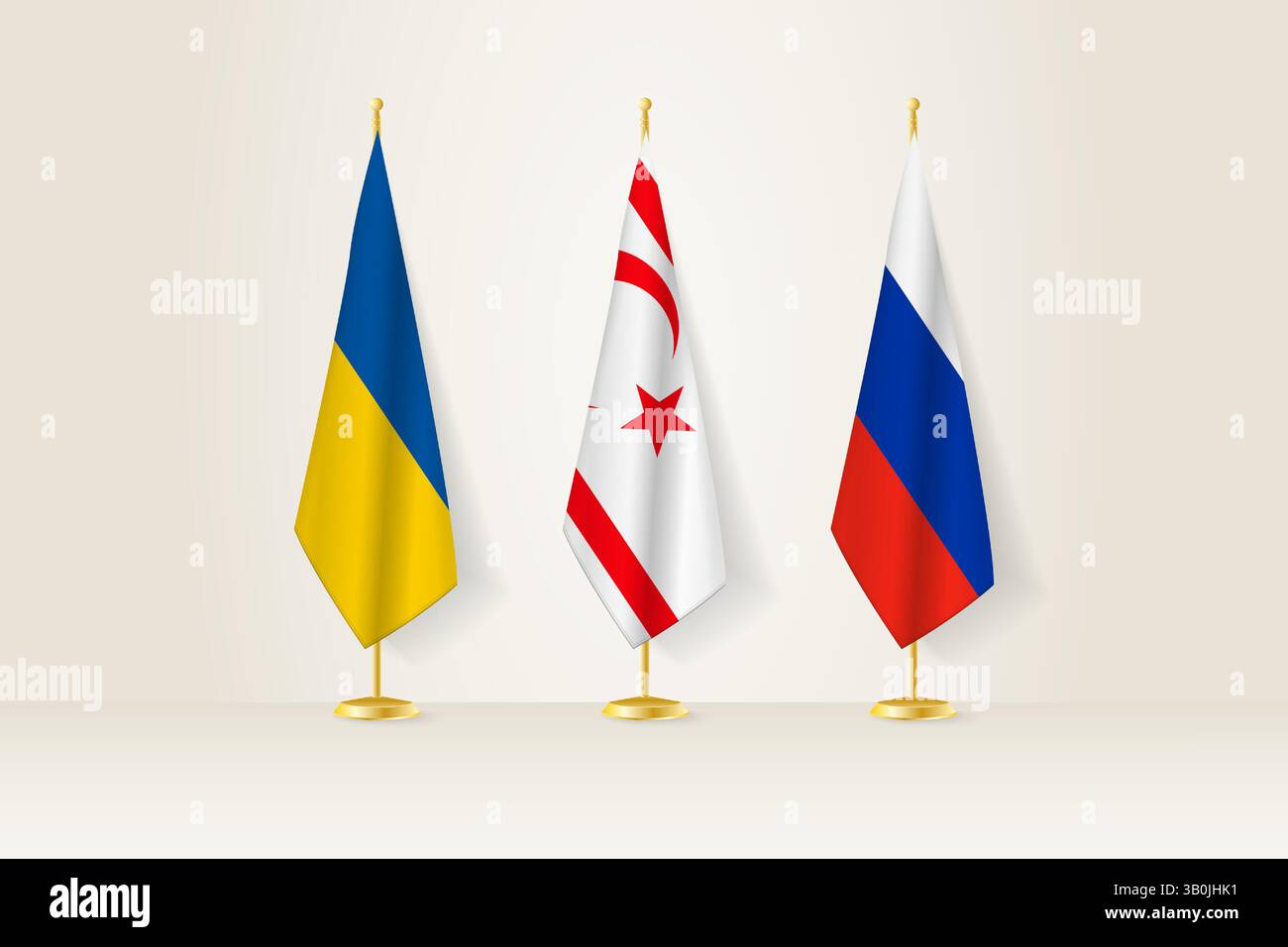 Représentation diplomatique, Ukraine, Chypre du Nord et Russie drapeaux. Drapeaux sur les tribunes diplomatiques. Illustration vectorielle. Illustration de Vecteur