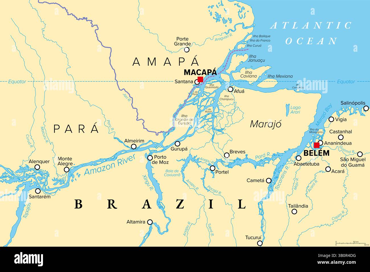 Amazone Delta, carte politique. Delta du fleuve formé par l'Amazone et le fleuve Tocantins dans le nord de l'Amérique du Sud, situé dans les états brésiliens de Amapá et Pará. Banque D'Images