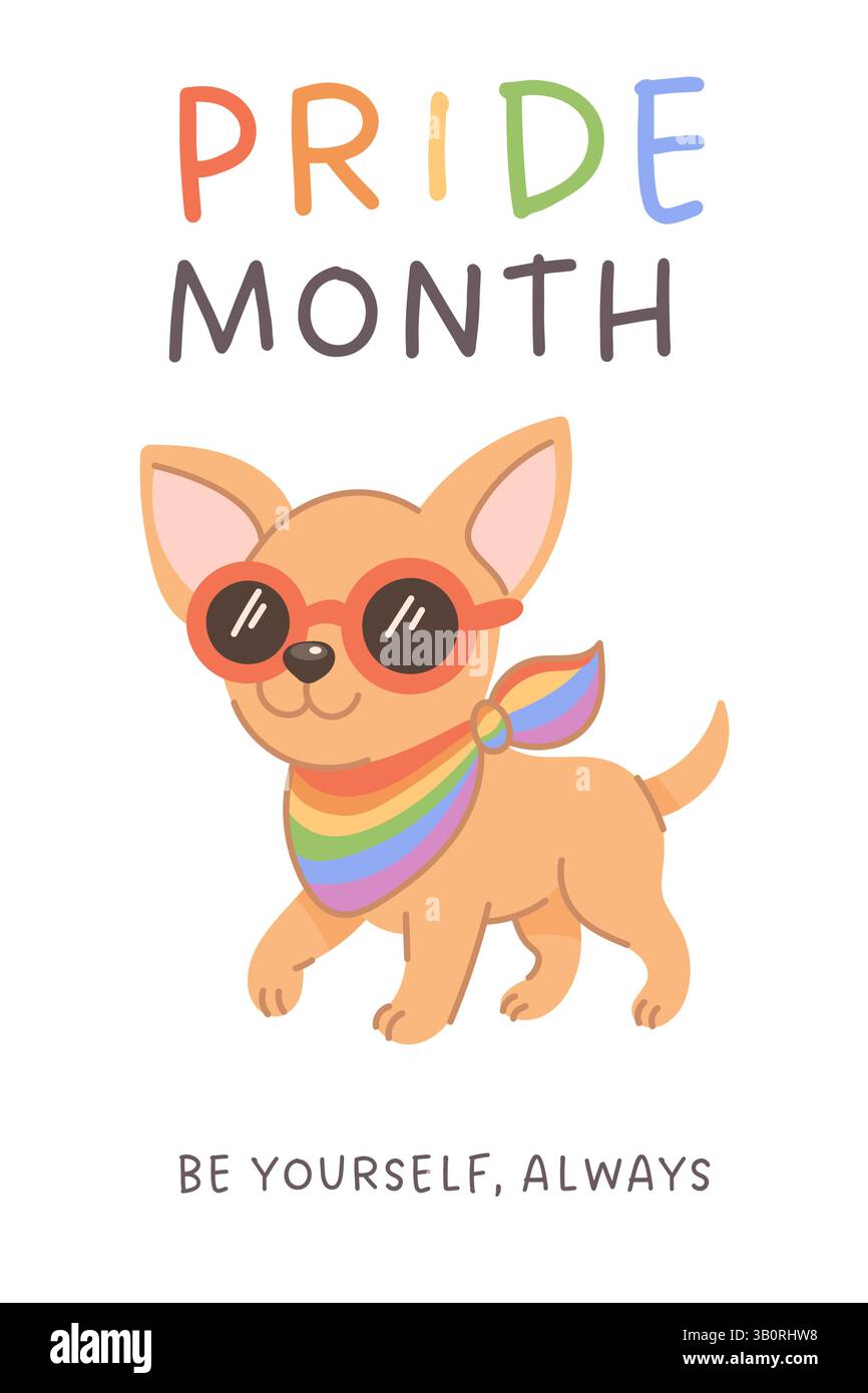 Carte postale vectorielle avec chien adorable en écharpe arc-en-ciel et lunettes de soleil, favorisant l'expression de soi et la fierté LGBT pendant le mois de la fierté. Illustration de Vecteur