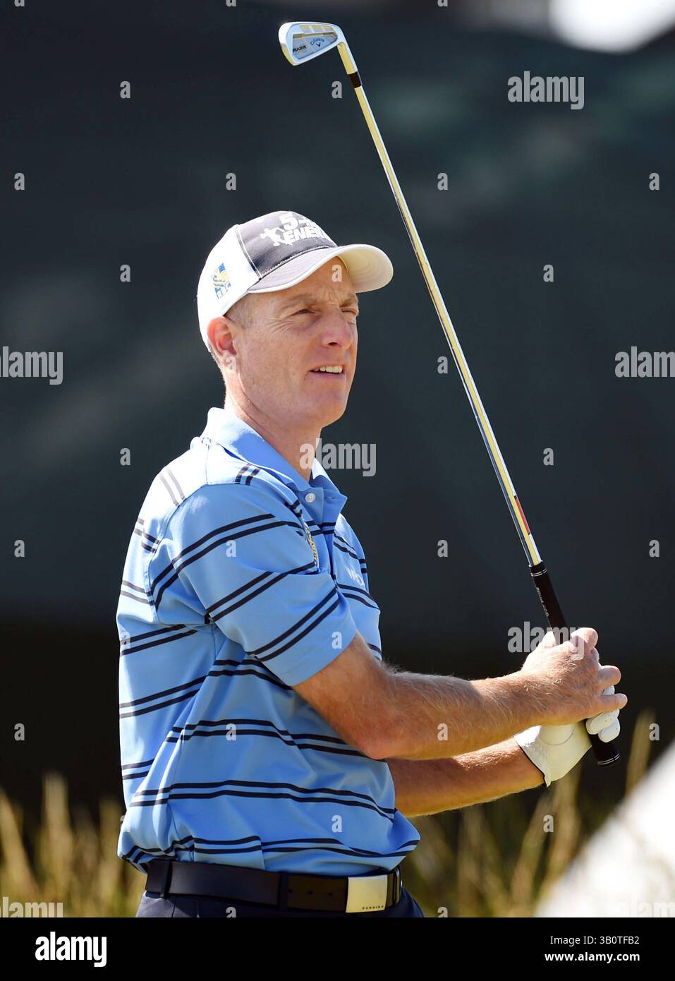 17 juillet 2014 ; Wirral, Merseyside, GBR ; Jim Furyk a fait un départ sur le 13e trou lors de sa première manche au 143e championnat Open au Royal Liverpool Golf Club. Banque D'Images