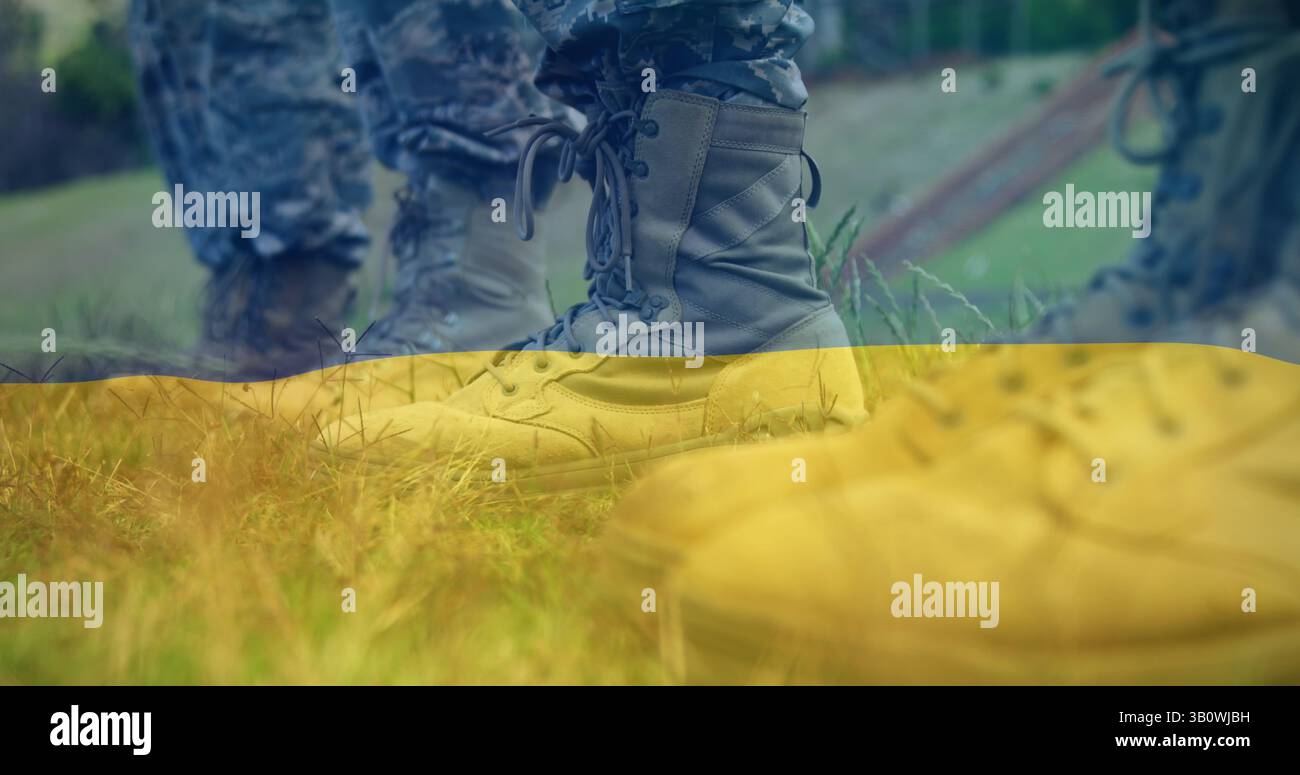 Image de soldats au-dessus du drapeau de l'ukraine Banque D'Images