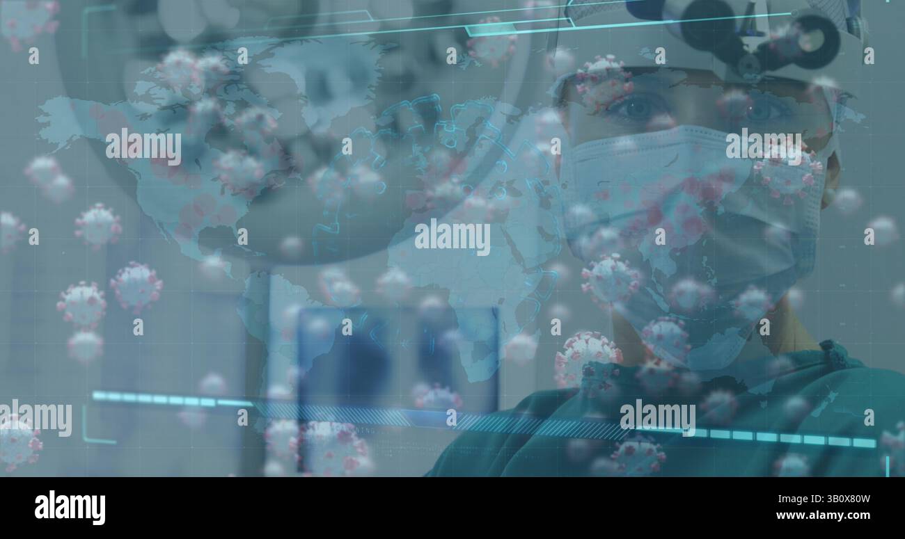 Chirurgien debout portant un capuchon de masque chirurgical frotte en surveillant les graphiques numériques dans OU, espace de copie Banque D'Images