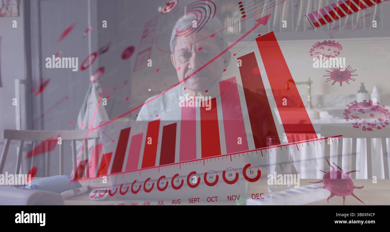 Image de graphiques et de cellules virales sur un homme senior biracial triste assis seul à la maison Banque D'Images