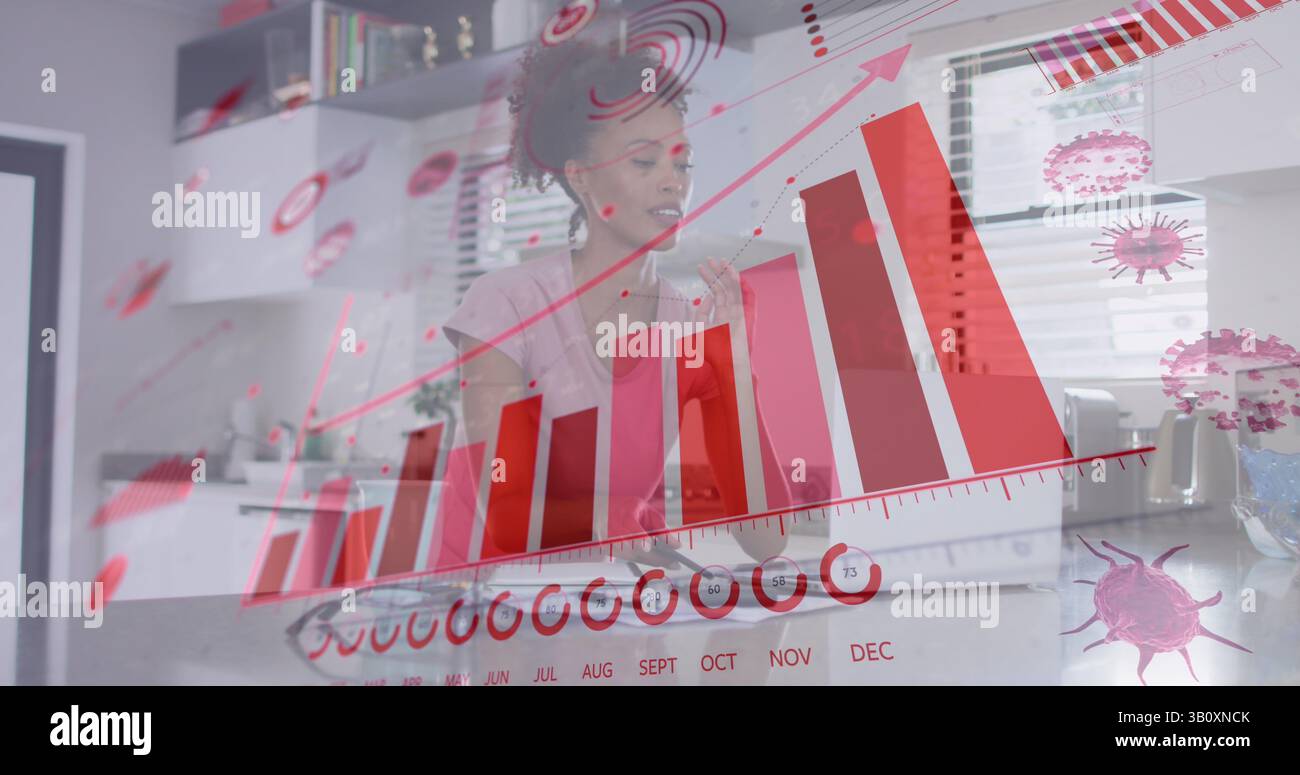 Image de cellules virales et graphiques sur une femme biraciale travaillant à domicile Banque D'Images