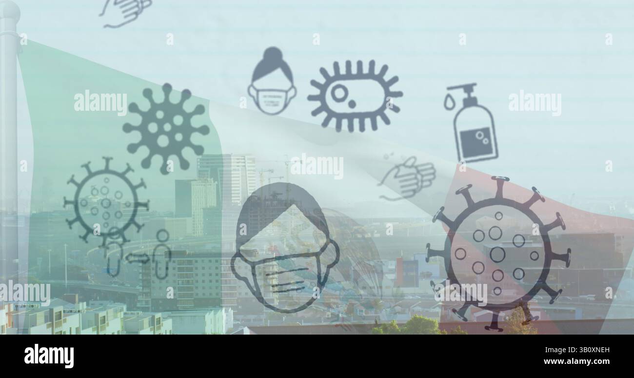 Affichage de symboles de virus, visage masqué et désinfectant flottant au-dessus de l'horizon urbain, avec des bandes de drapeau Banque D'Images