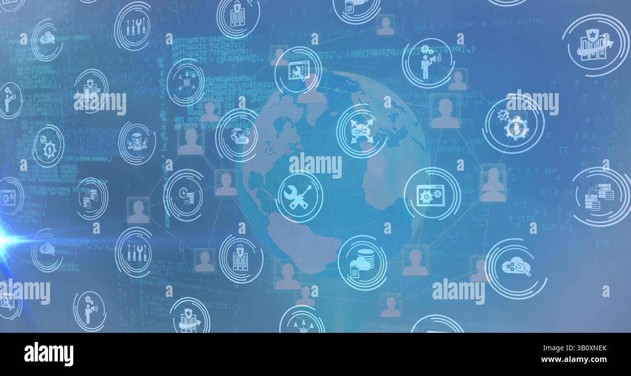 Image des icônes sur le globe et le traitement des données sur fond bleu Banque D'Images