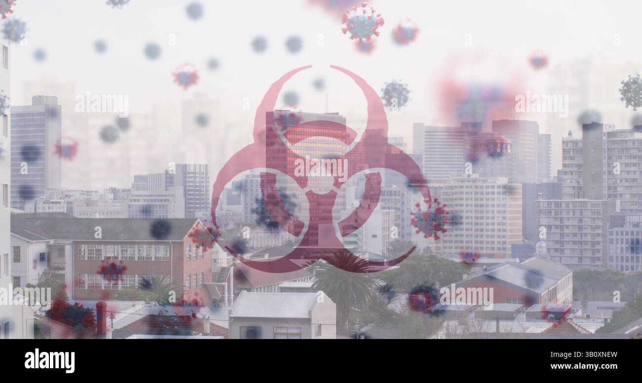 Symbole rouge de danger biologique planant au-dessus de l'horizon urbain, avec des particules de virus dispersées flottant Banque D'Images