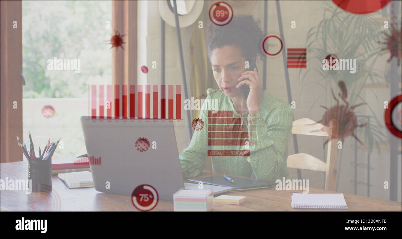 Image des cellules covid 19 et des statistiques sur les femmes d'affaires biraciales utilisant le téléphone et l'ordinateur portable Banque D'Images